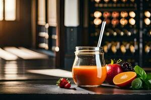 uma vidro do suco com uma Palha e fruta em uma mesa. gerado por IA foto