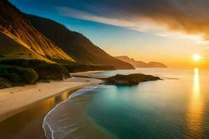 uma lindo de praia e montanhas às pôr do sol. gerado por IA foto