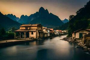 uma rio corre através uma Vila às pôr do sol. gerado por IA foto