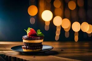 uma pilha do chocolate bolos com uma morango em topo. gerado por IA foto