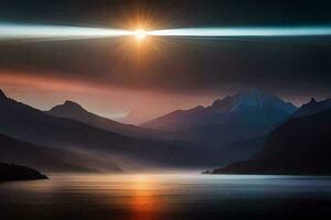 a Sol brilha sobre uma montanha alcance e lago. gerado por IA foto