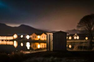 uma pequeno casinha senta dentro a meio do uma lago às noite. gerado por IA foto