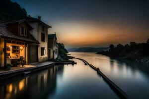 uma casa senta em a Beira do uma rio às pôr do sol. gerado por IA foto