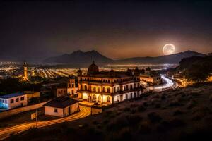 a lua é visto sobre uma Cidade às noite. gerado por IA foto