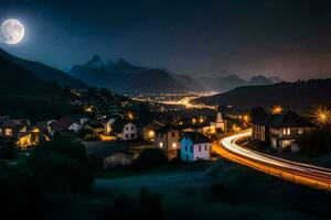 foto papel de parede a céu, montanhas, noite, a lua, a estrada, a Vila, o. gerado por IA