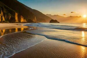 a Sol sobe sobre a oceano e a de praia dentro isto foto. gerado por IA foto