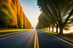 uma embaçado imagem do uma estrada com árvores gerado por IA foto