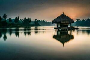 uma cabana senta em a costa do uma lago às pôr do sol. gerado por IA foto