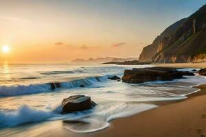 a Sol conjuntos sobre a oceano e pedras em a de praia. gerado por IA foto