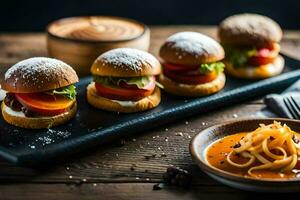 pequeno sanduíches com tomate, queijo e massa em uma bandeja. gerado por IA foto