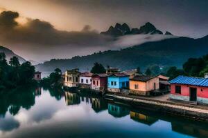 colorida casas em a bancos do uma rio. gerado por IA foto