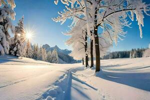 neve coberto árvores dentro a Sol. gerado por IA foto