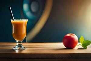 a maçã e uma vidro do suco em uma mesa. gerado por IA foto