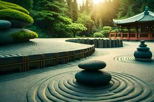 uma zen jardim com pedras e uma pagode. gerado por IA foto