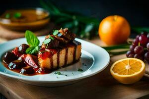 uma peça do bolo de queijo com fruta e legumes em uma placa. gerado por IA foto