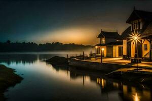 uma casa em a lago às noite. gerado por IA foto