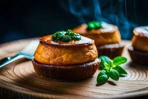 três mini cheesecakes em uma de madeira prato com fumaça. gerado por IA foto