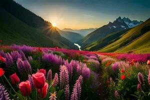 flores dentro a montanhas às pôr do sol. gerado por IA foto