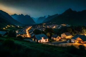 uma Vila dentro a montanhas às noite. gerado por IA foto