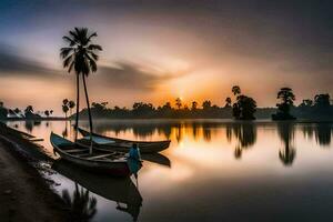 uma barco senta em a costa do uma lago às pôr do sol. gerado por IA foto