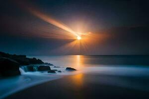 uma grandes exposição fotografia do a Sol brilhando sobre a oceano. gerado por IA foto