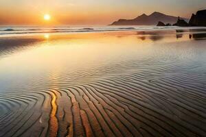 pôr do sol em a de praia com ondas e pedras. gerado por IA foto