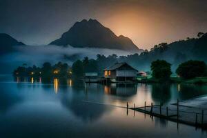 uma lago e uma casa dentro a montanhas às noite. gerado por IA foto