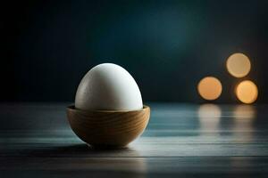 a ovo dentro uma de madeira tigela em uma mesa. gerado por IA foto