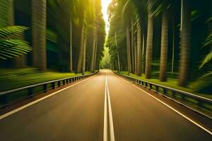 uma estrada dentro a meio do uma floresta com árvores gerado por IA foto