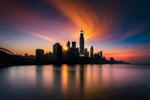 a cidade Horizonte às pôr do sol com uma colorida céu. gerado por IA foto