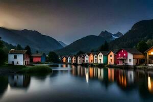colorida casas em a costa do uma lago às crepúsculo. gerado por IA foto