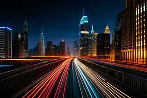 uma cidade às noite com luzes em a autoestrada. gerado por IA foto