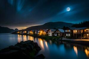 foto papel de parede a céu, lua, água, casas, a mar, a lua, a noite. gerado por IA