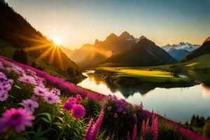 a Sol sobe sobre a montanhas e flores dentro a primeiro plano. gerado por IA foto