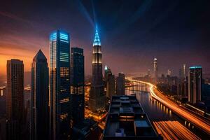 a cidade Horizonte às noite com luzes sobre. gerado por IA foto