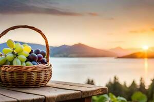 uvas dentro uma cesta em uma de madeira mesa com uma Visão do a lago. gerado por IA foto