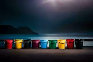 uma linha do colorida baldes em a de praia. gerado por IA foto