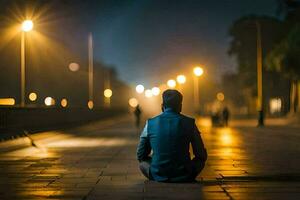 uma homem sentado em a terra às noite dentro uma cidade. gerado por IA foto