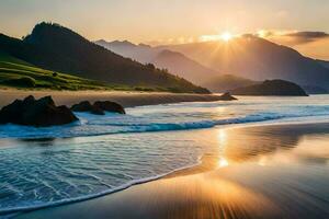 a Sol sobe sobre a oceano e montanhas dentro isto lindo foto. gerado por IA foto