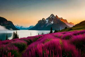 a montanhas estão coberto dentro roxa flores e a Sol é configuração sobre a lago. gerado por IA foto