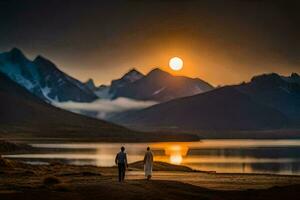 a casal é caminhando para a lago às pôr do sol. gerado por IA foto