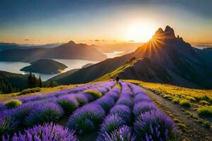 a Sol sobe sobre lavanda Campos dentro a montanhas. gerado por IA foto