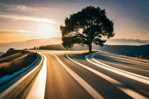 uma árvore em a lado do uma estrada às pôr do sol. gerado por IA foto