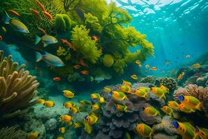 a embaixo da agua cena com colorida peixe e coral. gerado por IA foto