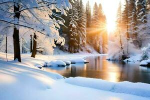 neve coberto árvores e uma rio dentro a inverno. gerado por IA foto