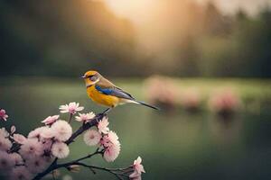 foto papel de parede a céu, pássaro, flores, água, natureza, primavera, a sol, pássaro. gerado por IA