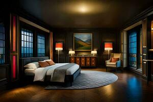uma quarto com uma ampla cama e uma pintura em a muro. gerado por IA foto