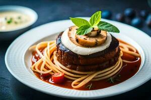 uma prato com espaguete e almôndegas em topo. gerado por IA foto