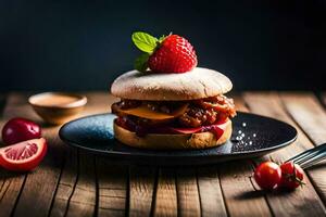 uma Hamburger com morangos e queijo em uma placa. gerado por IA foto