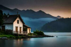 foto papel de parede a céu, montanhas, lago, casa, a casa, a lago, a casa. gerado por IA